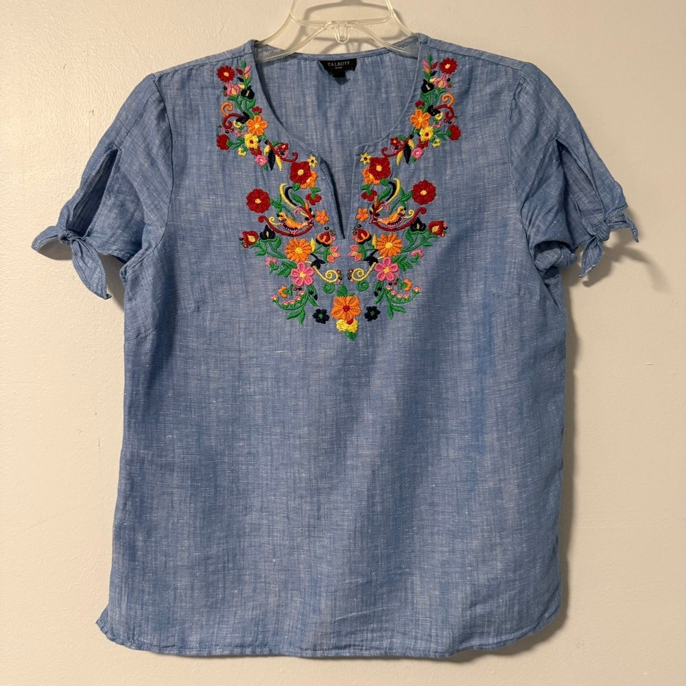 Talbots Petite Blue Linen Cotton Chambray Embroidered Floral Bird Boho Blouse SP